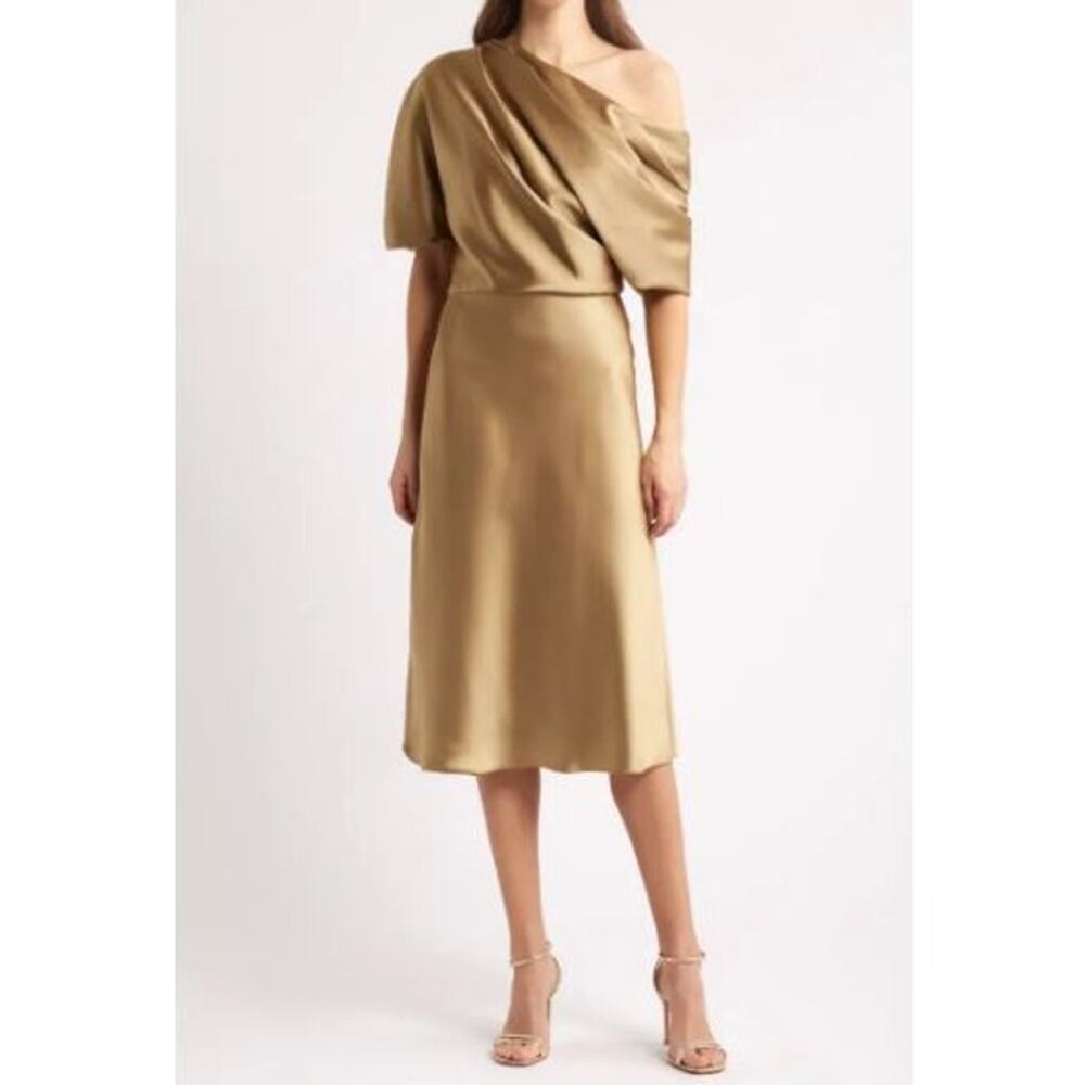 Amsale Women's One-Shoulder Fluid Satin Cocktail Midi Dress Gold Size 6